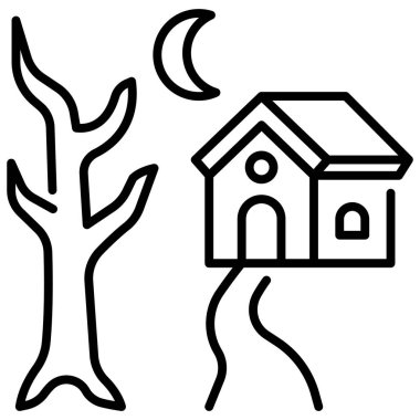 Korku ve Cadılar Bayramı ikonu, vektör illüstrasyonu. Lanetli Ev