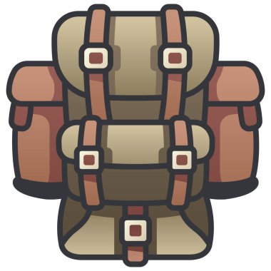 Beyaz arka planda askeri simge, vektör çizimi, savaş alanı konsepti, askeri sırt çantası