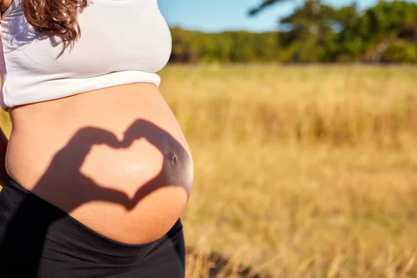 Happy latin future parents couple making heart shaped shadow with hands in belly, outdoors in nature. Copy space.