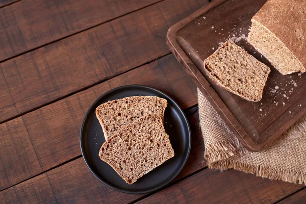 Top View Two Fresh Slices Organic Homemade Bread Rustic Plate — Stock Photo, Image