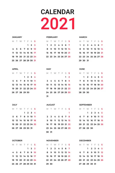Eenvoudige 2021 Kalenderontwerp Witte Achtergrond — Stockvector