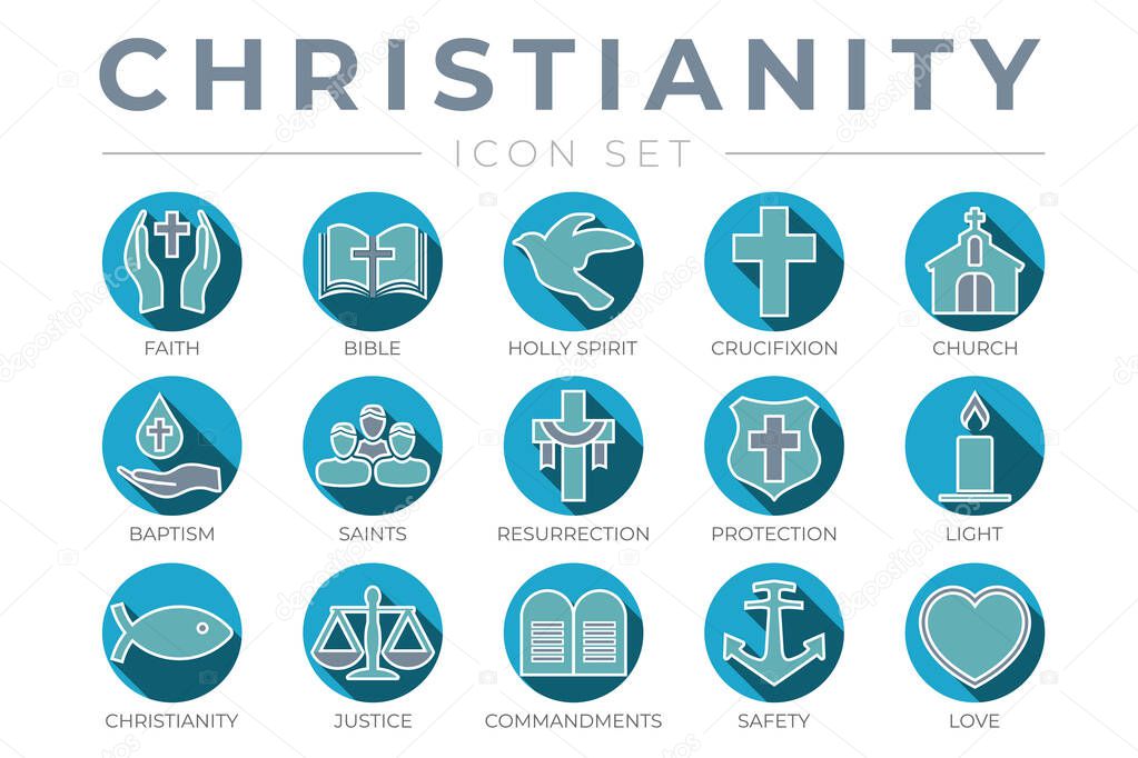 Blue Outline Christian Icon Set with Faith, Bible, Crucifixion , Baptism, Church, Resurrection, Holy Spirit, Saints, Commandments,Light, Protection, Justice, Safety and Love Thin Icons