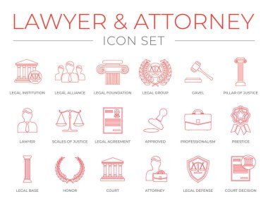 İnce Avukat ve Avukat Taslak Simgesi Seti. Hukuki Kurum, İttifak, Vakıf, Grup, Gavel, Adalet, Ölçek, Anlaşma, Onaylanmış, Profesyonellik, Prestij, Üs, Onur, Mahkeme ve Avukat, Savunma ve Karar Simgeleri.