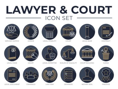 Temiz Avukat ve Mahkeme Yuvarlak İkon Seti. Hukuk Bürosu, Hizmet, Adalet, Onur, Hukuki İstikrar, Mahkeme, Üs, Sözleşme, Kanun, Uzmanlık, Eşitlik Ölçekleri, Bina, Hâkim, Belge, Suçlular, Talepler, Noter Mührü, Prestij Simgeleri.