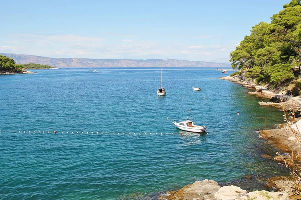 Jelsa, Hırvatistan - 23 Ağustos 2025: Mavi Gök ve Su, Yeşillik ve Teknelerle Hırvat Doğa ve Deniz Manzarası