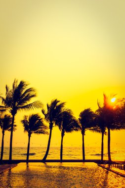 Ve plaj ve palmiye ağaçlarının Silhouettes