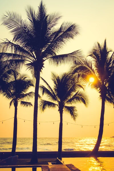 Ve plaj ve palmiye ağaçlarının Silhouettes