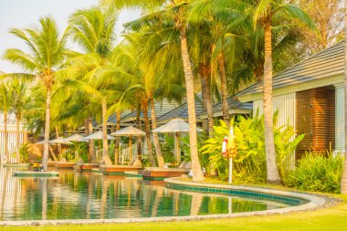 Şemsiyeleri ve sandalyeler Yüzme Havuzu etrafında