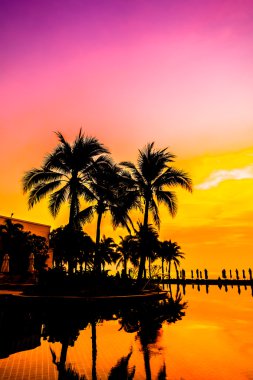 Ve Yüzme Havuzu palmiye ağaçlarının Silhouettes
