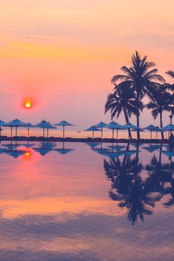 Ve Yüzme Havuzu palmiye ağaçlarının Silhouettes