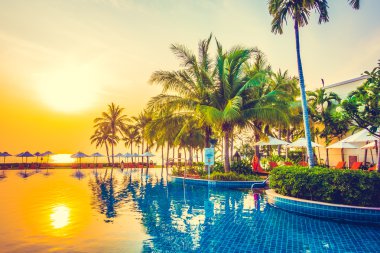 Ve Yüzme Havuzu palmiye ağaçlarının Silhouettes