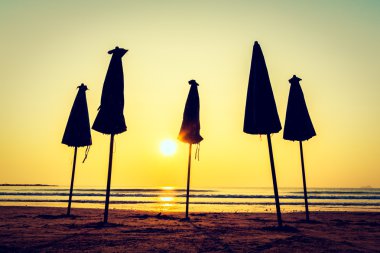 Plaj ve deniz güzel siluet şemsiyesi