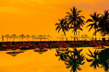 Ve Yüzme Havuzu palmiye ağaçlarının Silhouettes