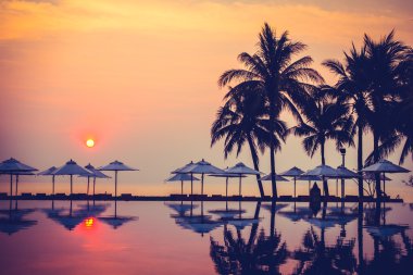 Ve Yüzme Havuzu palmiye ağaçlarının Silhouettes