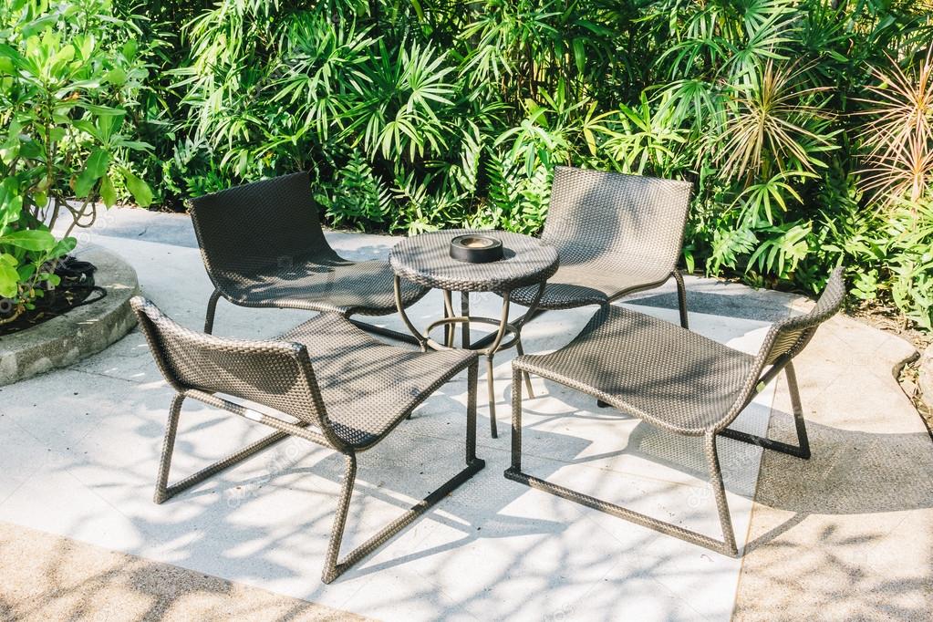 Outdoor patio with empty chairs
