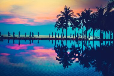 Ve Yüzme Havuzu palmiye ağaçlarının Silhouettes
