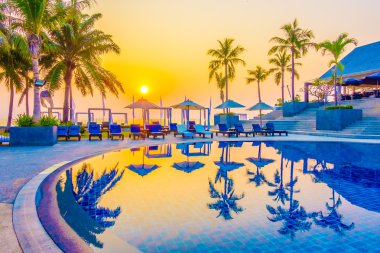 Günbatımı zaman palmiye ağaçlarının Silhouettes