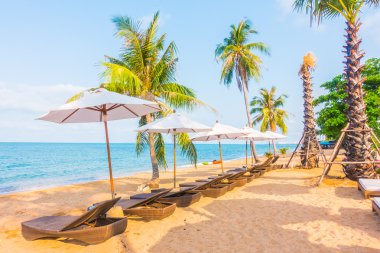 Şemsiyeleri ve sandalyeler tropik sahilde