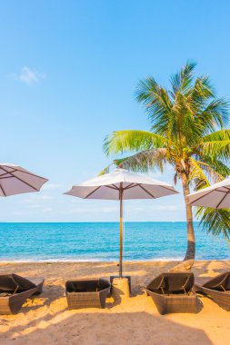 Şemsiyeleri ve sandalyeler tropik sahilde
