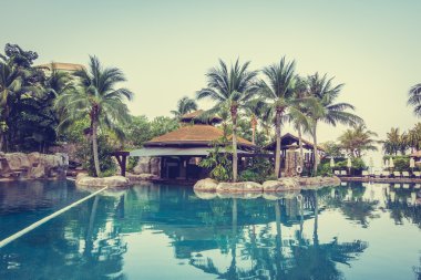 Şemsiyeleri ve sandalyeler Yüzme Havuzu etrafında