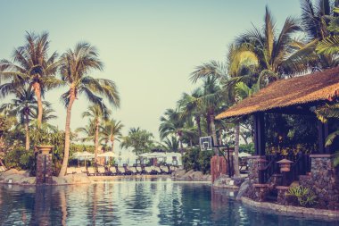 Şemsiyeleri ve sandalyeler Yüzme Havuzu etrafında