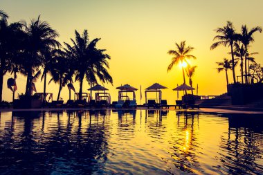 Günbatımı zaman palmiye ağaçlarının Silhouettes