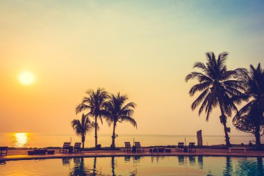 Yüzme Havuzu ile Hindistan cevizi hurma ağaçlarının Silhouettes