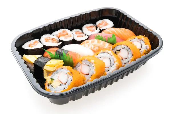 Caixa de sushi com rolo de sushi de salmão fresco — Fotografia de Stock