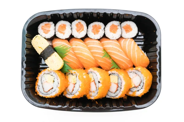 Sushi box s čerstvým lososem sushi roll — Stock fotografie