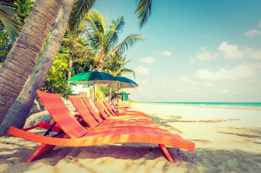 Şemsiye ve sandalye sahilde.