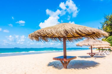 Şemsiye ve sandalye sahilde.