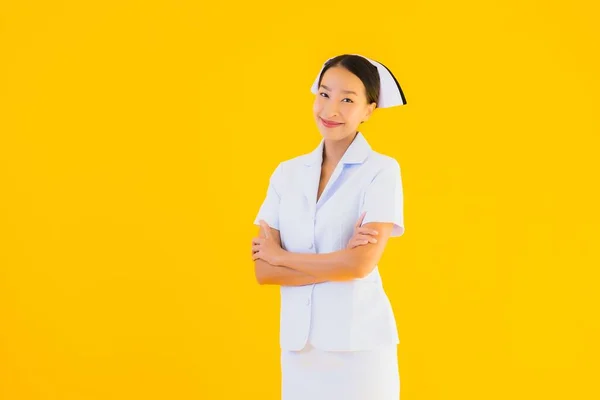 Retrato Hermoso Joven Asiático Tailandés Enfermera Muchos Trabajo Acción Para — Foto de Stock