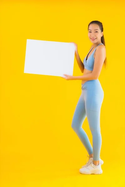 Portrait Beautiful Young Asian Woman Wear Sportwear Show Empty White — Stock Photo, Image