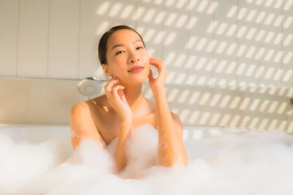 Portrait Young Asian Woman Relax Take Bath Bathtub Spa Concept — Stock Photo, Image