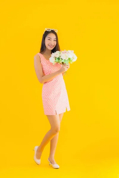 Portrait Beautiful Young Asian Woman Colorful Flower Yellow Isolated Background — Stock Photo, Image