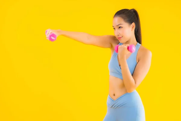 Retrato Bela Jovem Asiática Mulher Com Haltere Sportwear Pronto Para — Fotografia de Stock