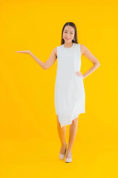 Portrait Beautiful Young Asian Woman Action Yellow Isolated Background — Stock Photo, Image