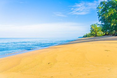 Güzel tropikal deniz okyanusu mavi gökyüzü ve beyaz bulut doğa arka planı için