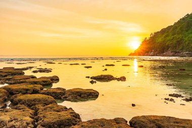 Sahildeki okyanusun etrafındaki dağda güzel bir gün batımı ve doğa gezisi için kaya.