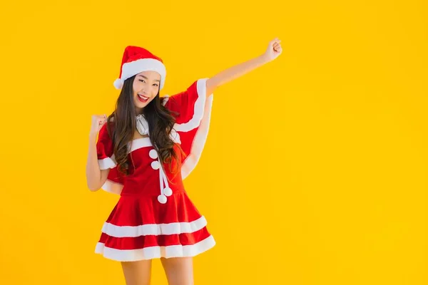 Retrato Bonito Jovem Asiático Mulher Natal Roupas Chapéu Sorriso Feliz — Fotografia de Stock