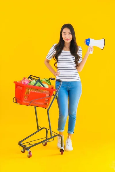 Retrato Bela Jovem Asiático Mulher Com Supermercado Cesta Carrinho Megafone — Fotografia de Stock