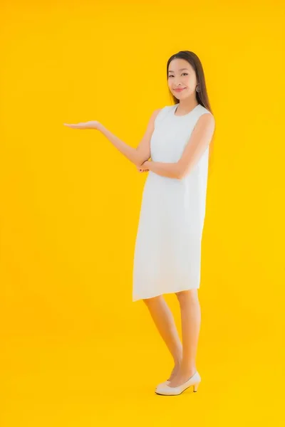 Portrait Beautiful Young Asian Woman Action Yellow Isolated Background — Stock Photo, Image