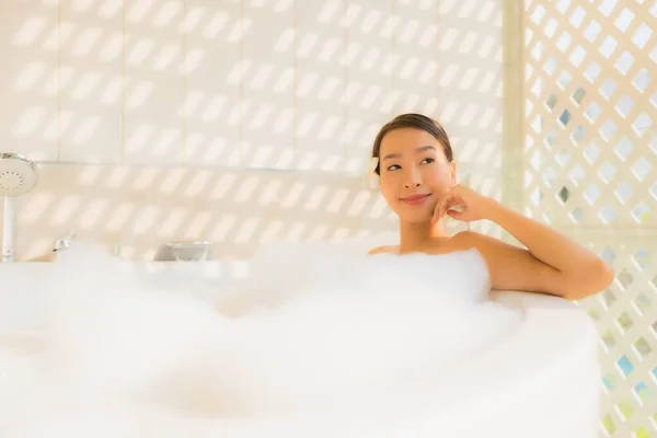 Portrait Young Asian Woman Relax Take Bath Bathtub Spa Concept — Stock Photo, Image