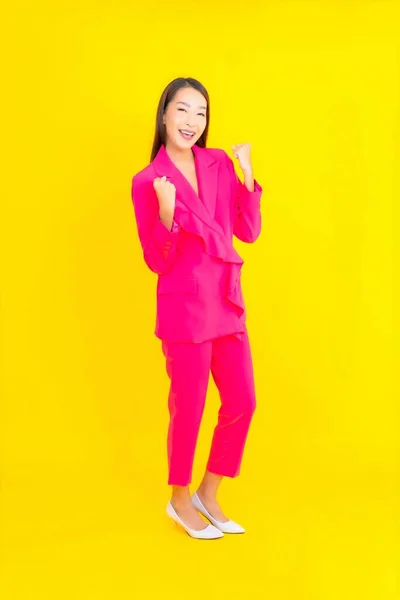 Portrait Beautiful Young Asian Woman Smile Action Yellow Color Background — Stock Photo, Image