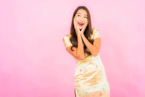 Portrait Beautiful Young Asian Woman Smile Action Chinese New Year — Stock Photo, Image