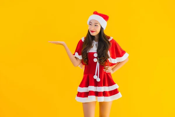 Retrato Bonito Jovem Asiático Mulher Natal Roupas Chapéu Sorriso Feliz — Fotografia de Stock