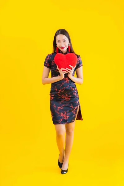 Portrait Beautiful Young Asian Woman Wear Chinese Dress Show Heart — Stock Photo, Image