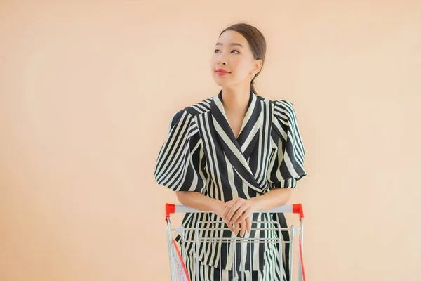 Retrato Hermosa Joven Asiática Mujer Con Carrito Compra Comestibles — Foto de Stock