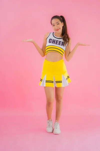 Portrait Beautiful Young Asian Woman Cheerleader Pink Isolated Background — Stock Photo, Image