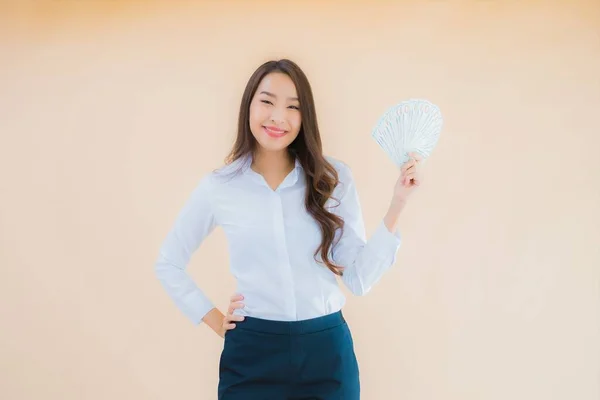 Portrait Beautiful Young Business Asian Woman Cash Money Isolated Background — Stock Photo, Image